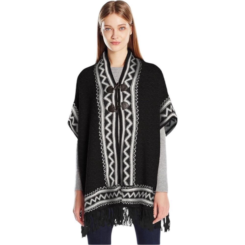 Steve Madden Women's Two Toggle Knit Ruana Zig Zag Fringe Trim Poncho Sweater OS